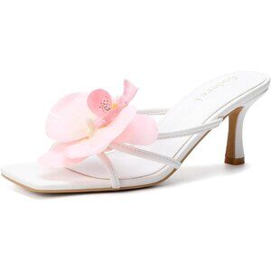 Women's Light Pink Floral Kitten Heels Square Open Toe Flower Mule Mid Heels